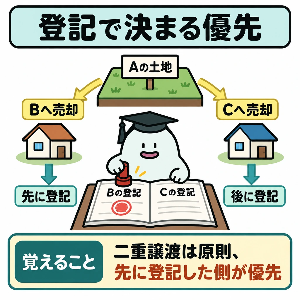 登記で対抗できる相手の図解。上部の「Aの土地」から左右のB・Cへ売却の矢印を分け、下部の登記簿へ向かう矢印を再び並べる。Bの矢印を「先に登記」、Cの矢印を「後に登記」とし、B側が優先する一例として示す。