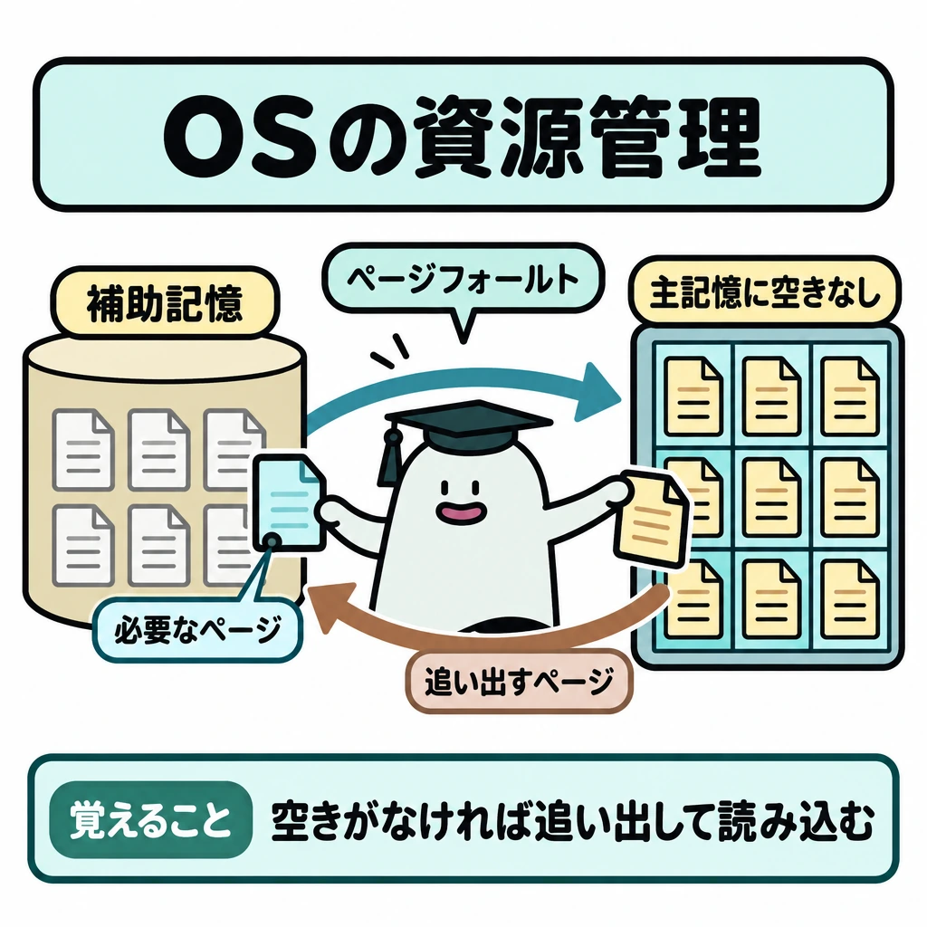 OSの資源管理の図解。左に補助記憶、右に空きのない主記憶を置く。必要なページが主記憶にない状態を示し、主記憶からページを追い出す矢印と、補助記憶から必要なページを読み込む矢印を描く。