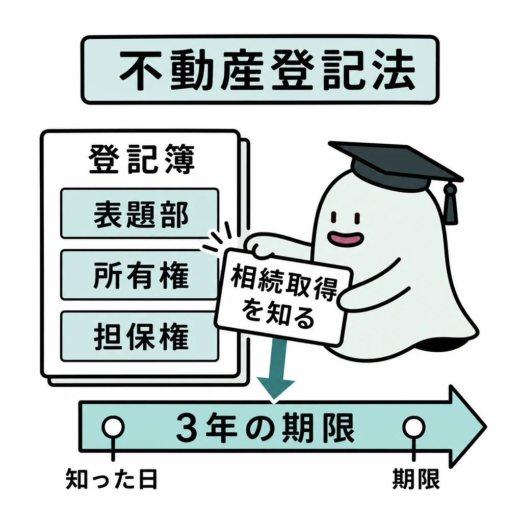エルくんが説明する図解。登記簿を表題部/所有権/担保権に分け、相続取得を知る→3年期限の線。