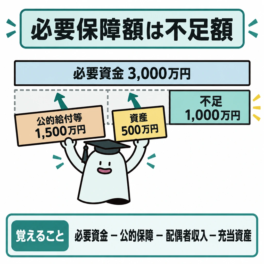 基本の仕組みの図解。上段に「必要資金3,000万円」の帯、下段に同じ長さの帯を置き、下段を左から1,500万円・500万円・1,000万円の幅で区切る。左の2区画を差し引く矢印を描き、右端に残る不足1,000万円を強調する。