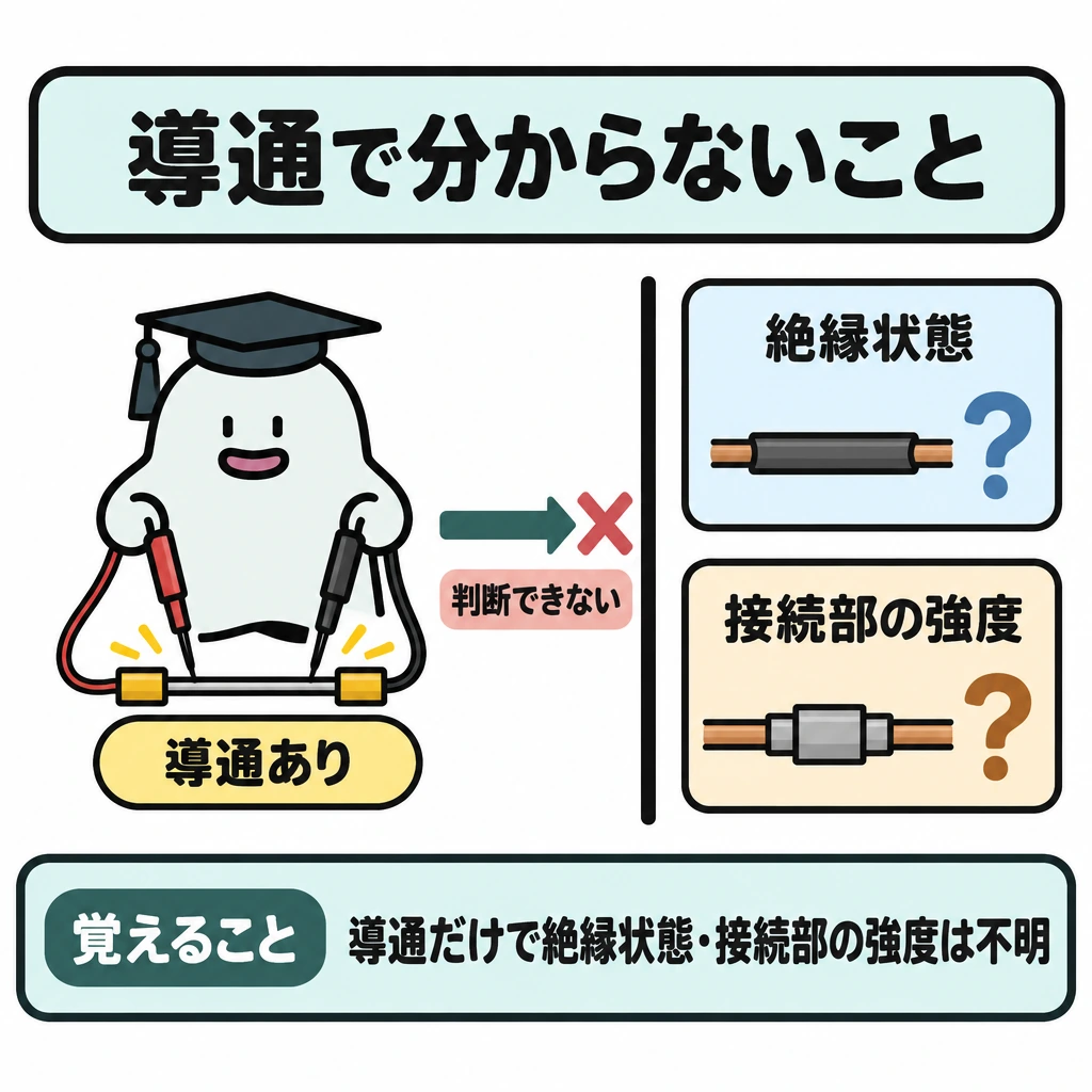 確認の図解。左に導通確認の場面、右に「絶縁状態」と「接続部の強度」を上下に配置し、太い仕切りで分ける。左の「導通あり」から右へ伸びる矢印は仕切りの手前で止め、導通だけでは右の二項目を判断できないことを示す。