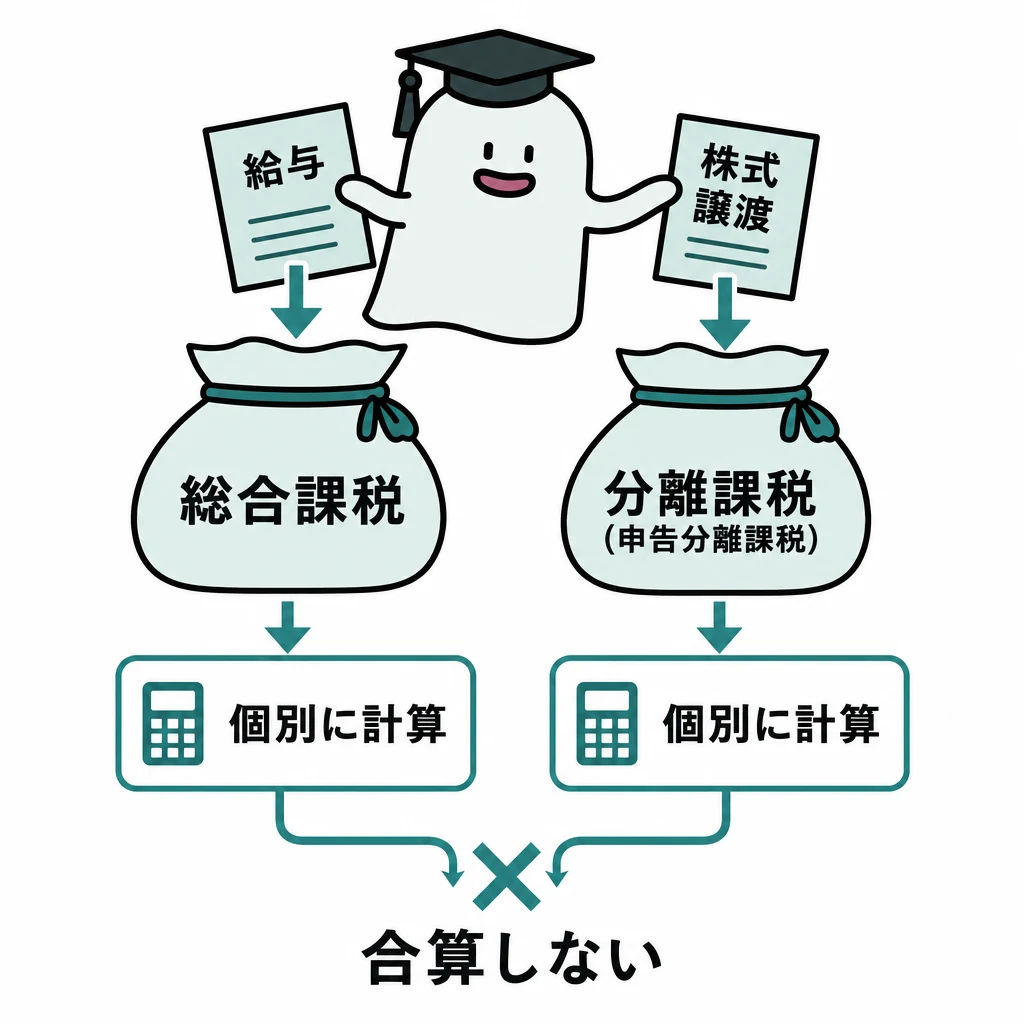 所得の種類と課税方式に応じて計算の箱を分け、すべてを合算して一つの税率を使わない図