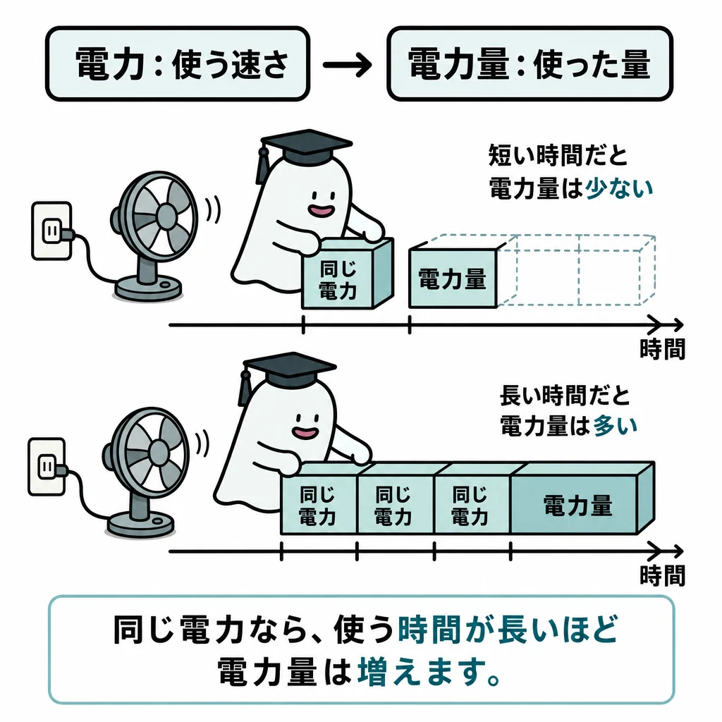 同じ電力のブロックを時間方向に並べ、短時間と長時間の電力量をエルくんが比較する図。