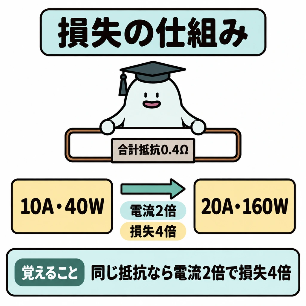 基本の仕組みの図解。中央に「合計抵抗0.4Ω」の電線を使った一つの回路図を置き、その下に同じ抵抗での比較を左右に並べる。左の「10A・40W」から右の「20A・160W」へ矢印を引き、電流は2倍、損失は4倍と示す。