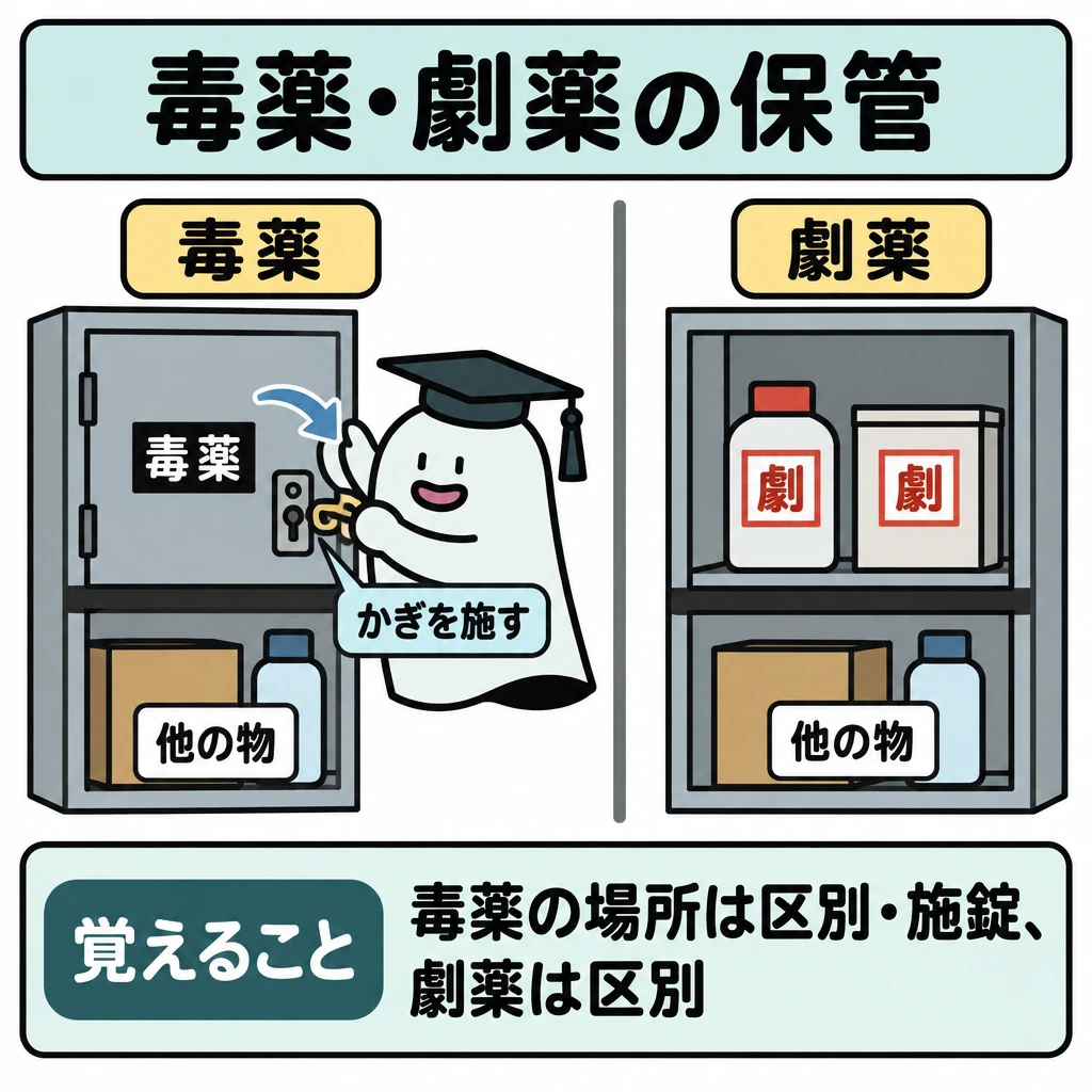 基本の仕組みの図解。画面を左右に分け、左に毒薬、右に劇薬の保管場所を置く。どちらも下段の「他の物」と太い仕切りで隔て、左だけに鍵をかける動きを矢印で示す。