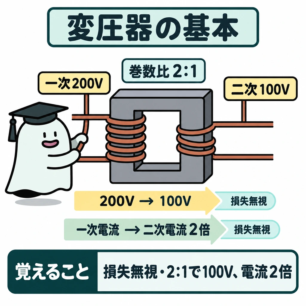 基本の仕組みの図解。中央の鉄心に左の一次巻線と右の二次巻線を描き、巻数を2:1にする。左から右へ「200V→100V」の矢印、その下に「一次電流→二次電流2倍」の矢印を置き、両方に「損失無視」の条件を添える。