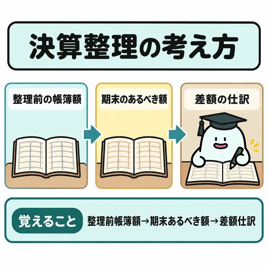 よく出る整理の全体像の図解。1冊の帳簿を左から「決算整理前の帳簿額」→「期末のあるべき額」→「差額の仕訳」の3列に仕切り、列間を右向き矢印でつなぐ。各整理項目で同じ順序をたどる図にする。