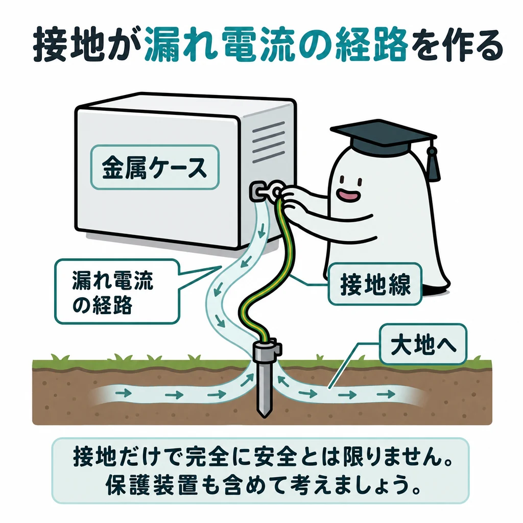 接地が漏れ電流の経路を作る。機器金属ケースから接地線が大地へつながり、漏れ電流を示す小さな矢印がその経路へ流れる。