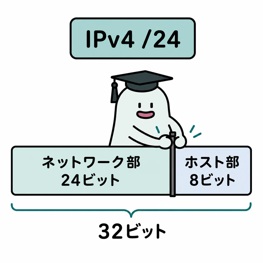 IPv4アドレスの32ビットを、ネットワーク部24ビットとホスト部8ビットへ分けた図。