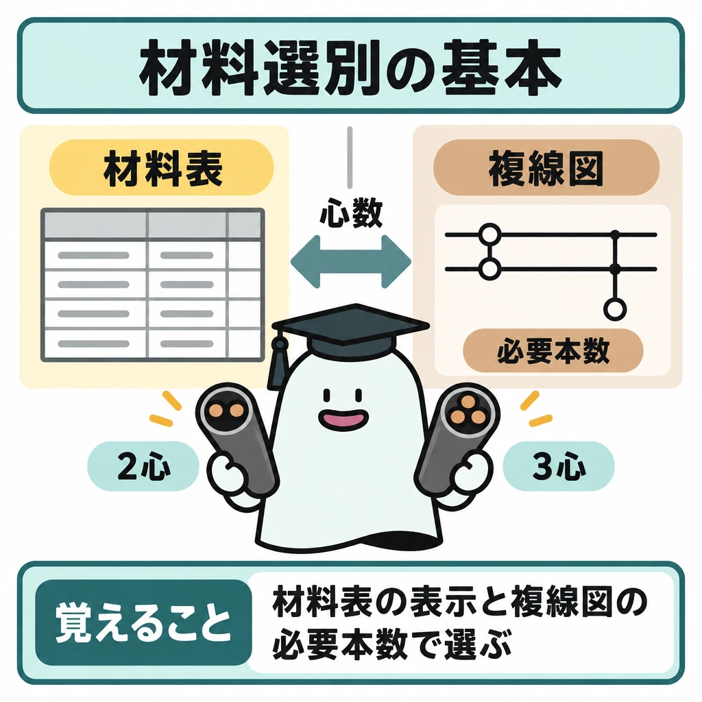 基本の仕組みの図解。上段を縦線で分け、左に材料表の表示、右に複線図の必要本数を置き、中央の双方向矢印で照合を示す。下段には外観が似た2心・3心のケーブル断面を左右に並べ、導体の本数の違いを見せる。