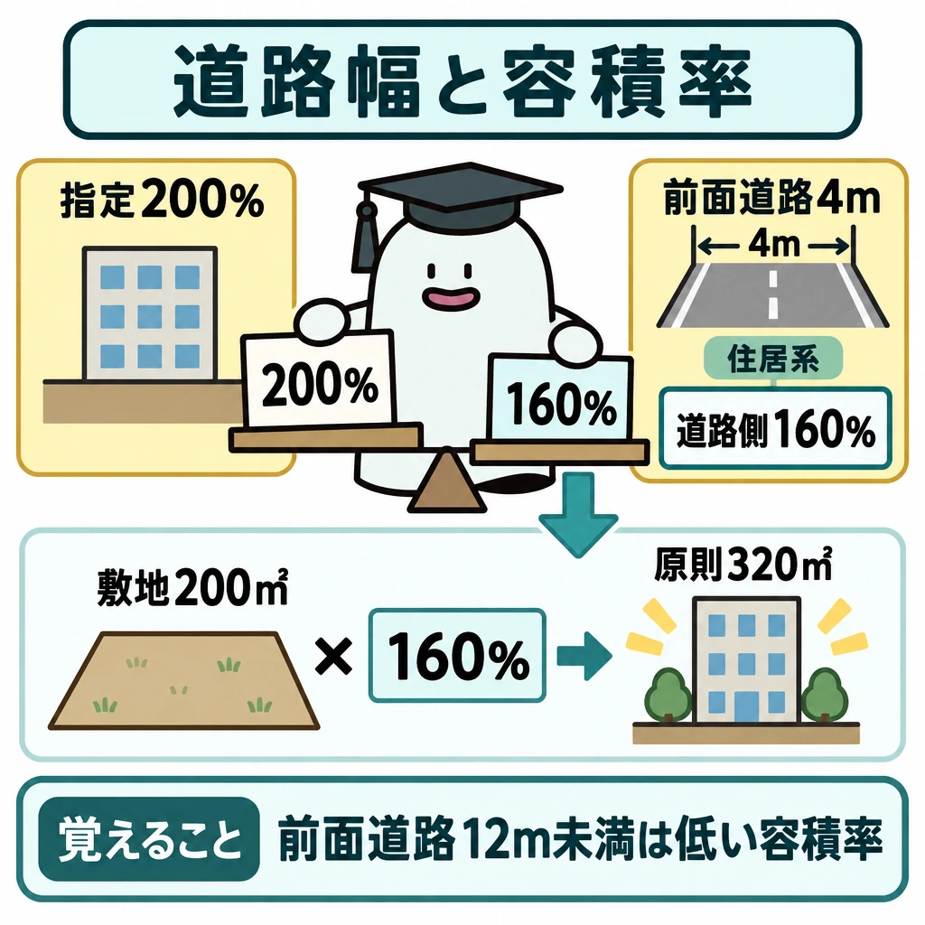 緩和・道路制限を別計算するの図解。上段左に指定容積率200%、右に前面道路4mから計算した道路側160%を置き、矢印を中央の「小さい方」に集める。下段には、その160%を敷地200㎡に適用して延べ面積の上限が原則320㎡となる流れを示す。
