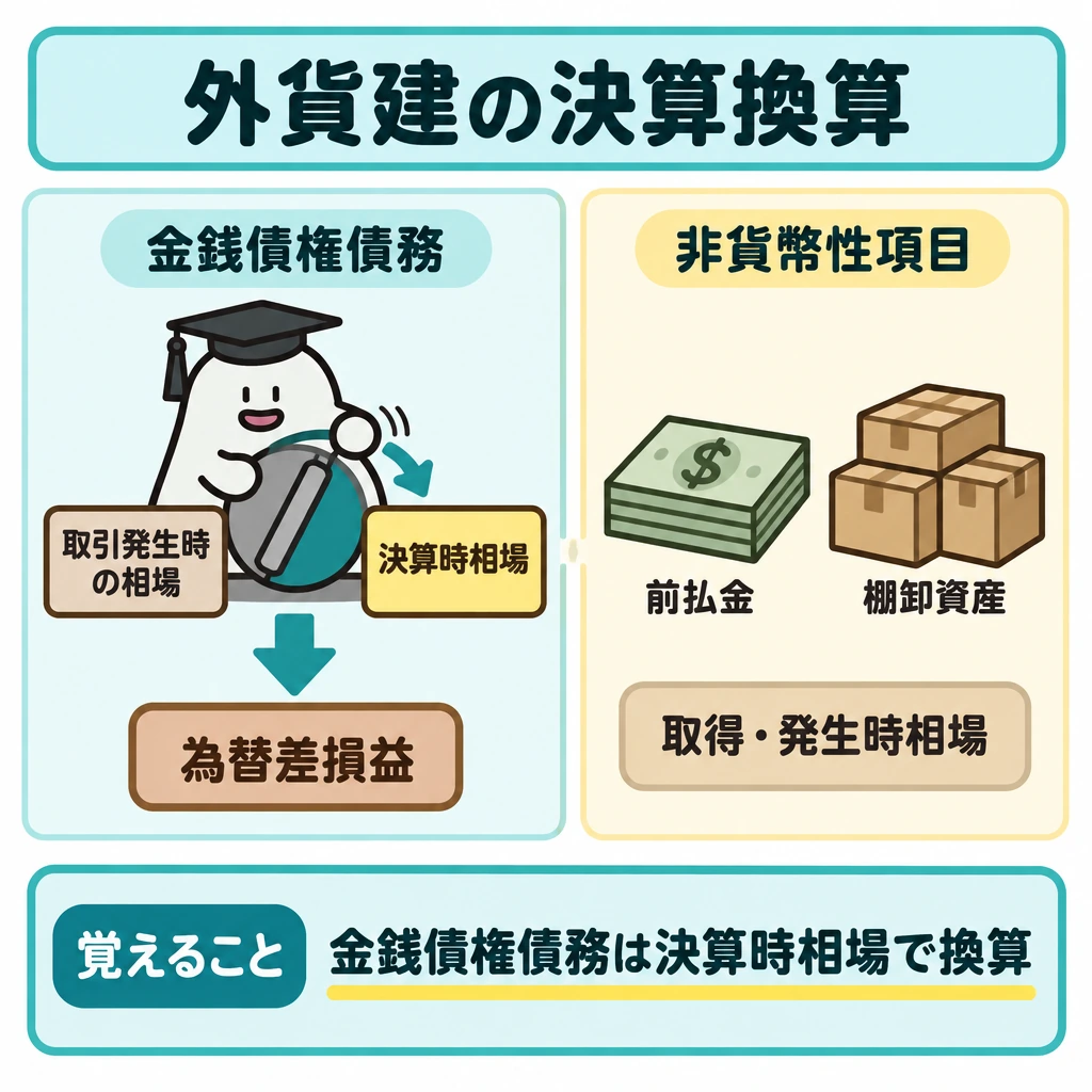 外貨建取引と為替予約の図解。画面を縦に二分し、左は外貨建金銭債権債務を取引発生時の相場から決算時相場へ換算する矢印と、その差額の行き先を描く。右は前払金や棚卸資産を例に、取得・発生時の相場を維持する様子を描く。