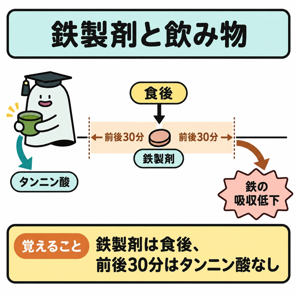 欠乏への補給と過剰摂取の図解。中央に食後の鉄製剤の服用点を置き、左右へ伸びる時間軸に「前後30分」の帯を示す。帯の中のタンニン酸を含む飲み物から「鉄の吸収低下」へ矢印を引き、飲み物は帯の外へ移す構図にする。