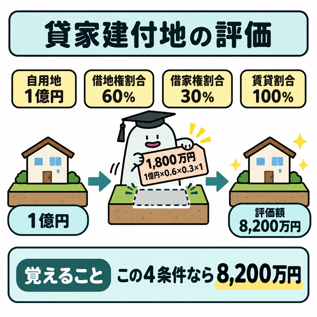 土地の評価と小規模宅地等の特例の図解。中央に建物付きの土地と評価額の帯を置き、左の自用地評価額1億円から右の8,200万円へ矢印でつなぐ。帯の差額1,800万円に「1億円×0.6×0.3×1」を添え、面積ではなく評価額の差だと分かるようにする。