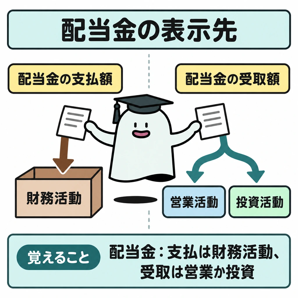 五つの連結財務諸表の表示先の図解。画面を左右に仕切り、左は「配当金の支払額」から「財務活動」へ一本の矢印を引く。右は「配当金の受取額」から矢印を二股に分け、「営業活動」または「投資活動」の選択肢として示す。