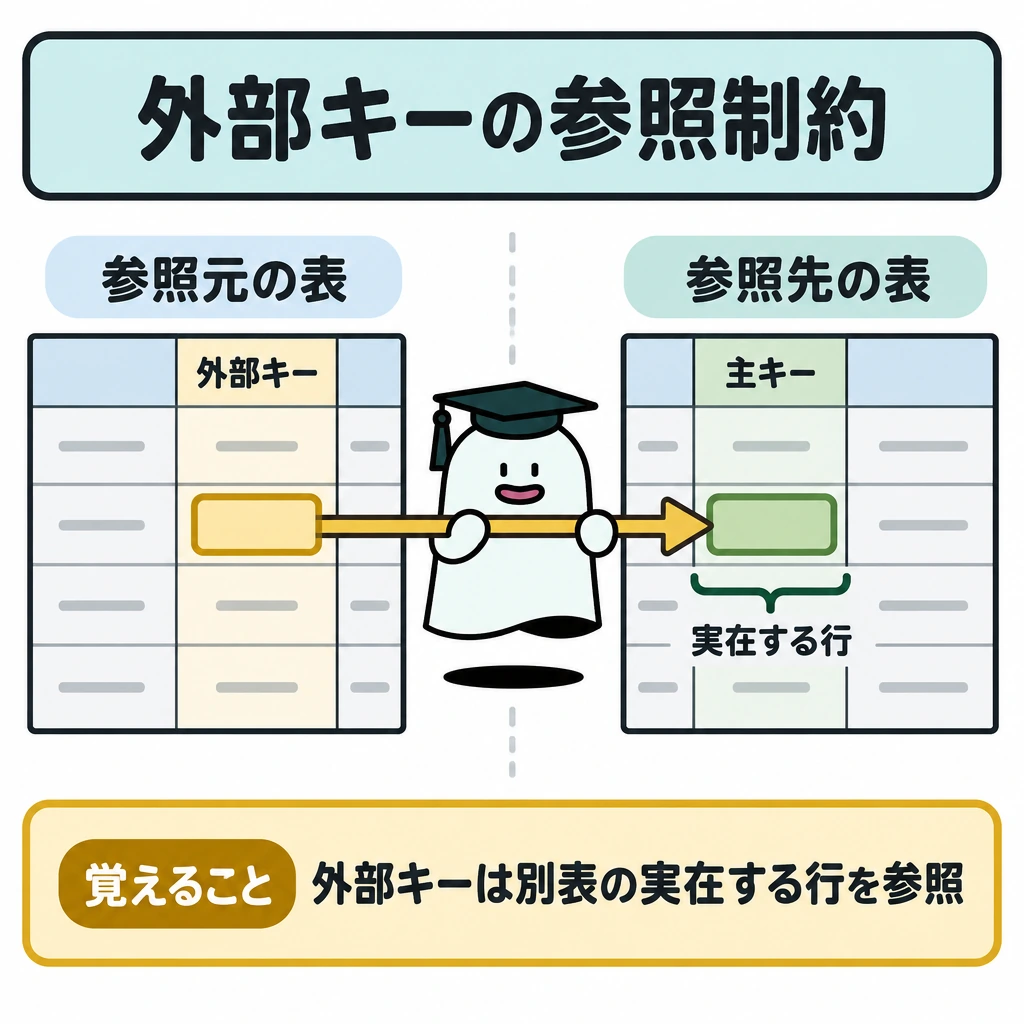 関係モデルの制約の図解。中央に縦の仕切りを置き、左の参照元の表の外部キーから、右の参照先の表に実在する行の主キーへ矢印を引く。主キーはその表の行を一意に識別するものとして描く。