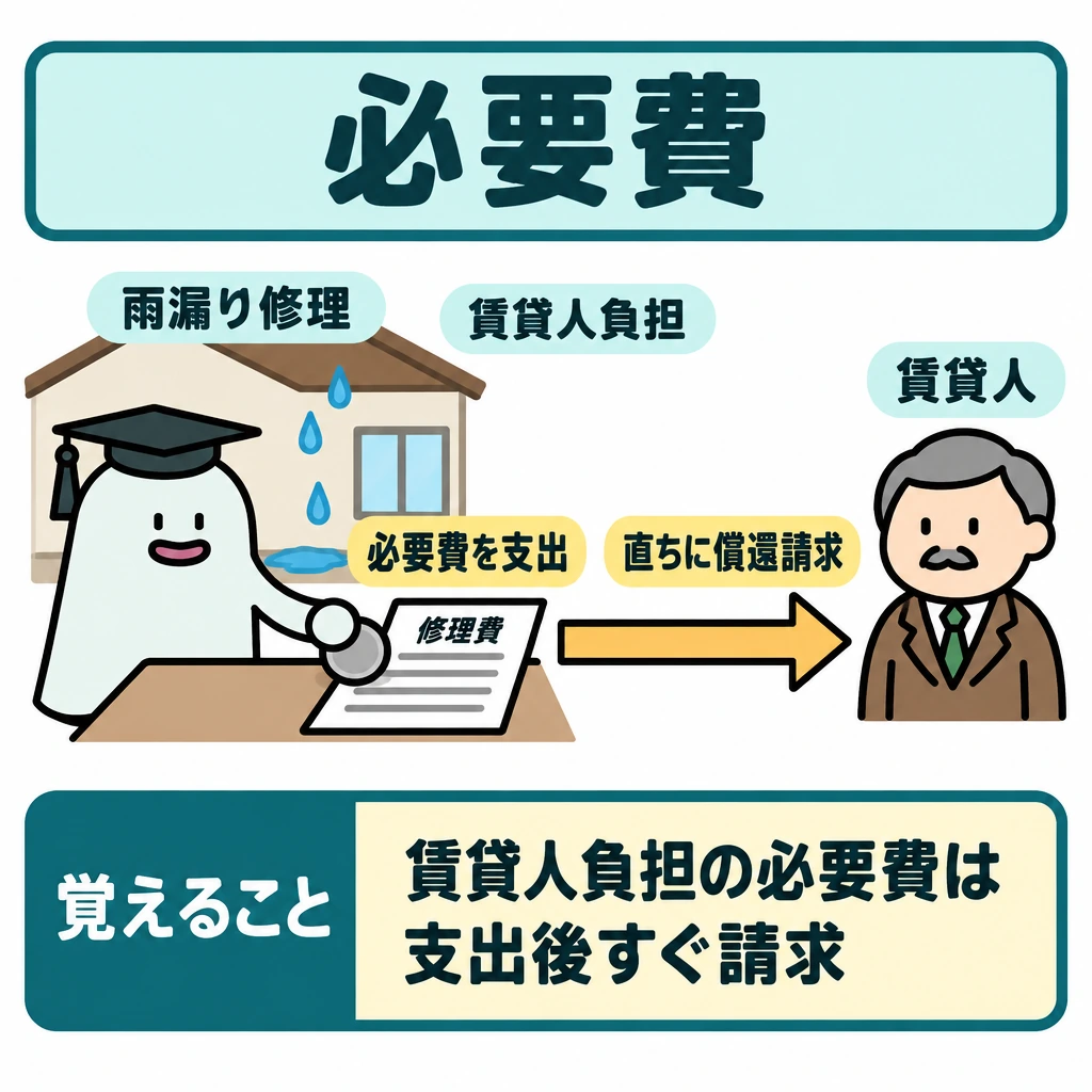 事務管理・必要費・先取特権の図解。左に雨漏りした賃貸物件と修理費の請求書、右に「賃貸人」を置く。請求書から右へ矢印を引き、賃借人が賃貸人負担の必要費を支出すると、直ちに償還請求できる流れを示す。