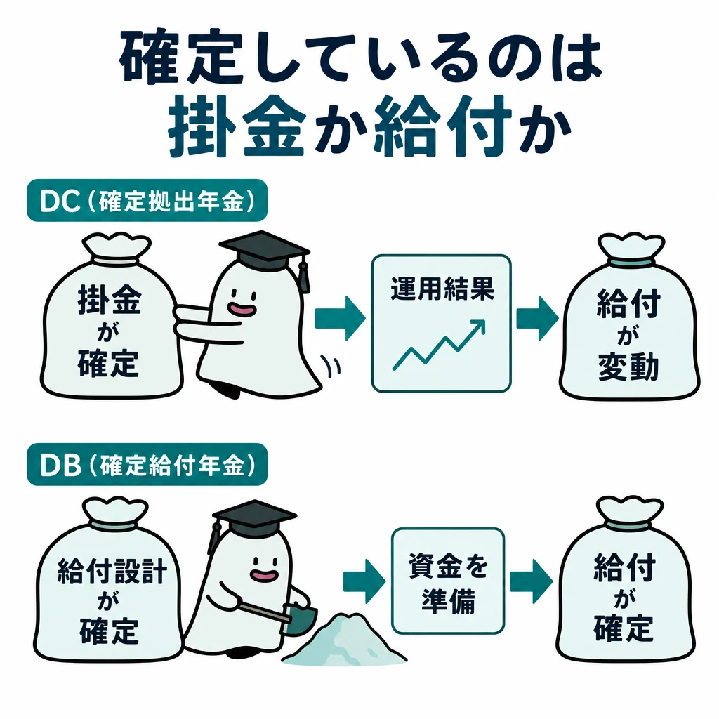 DCでは掛金から運用結果を経て給付へ、DBでは給付設計に沿って資金を準備する違いを示す図