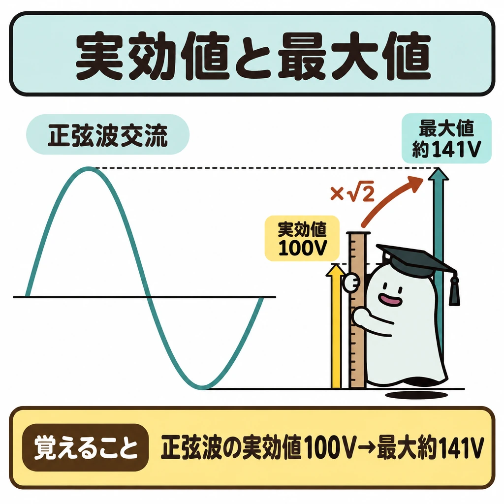 基本の仕組みの図解。左に正弦波とゼロ線、右に同じゼロ基準で実効値100Vと最大値100√2V(約141V)の長さを並べる。100Vから最大値へ「×√2」の矢印を引き、最大値の高さを波の山と細線で結ぶ。