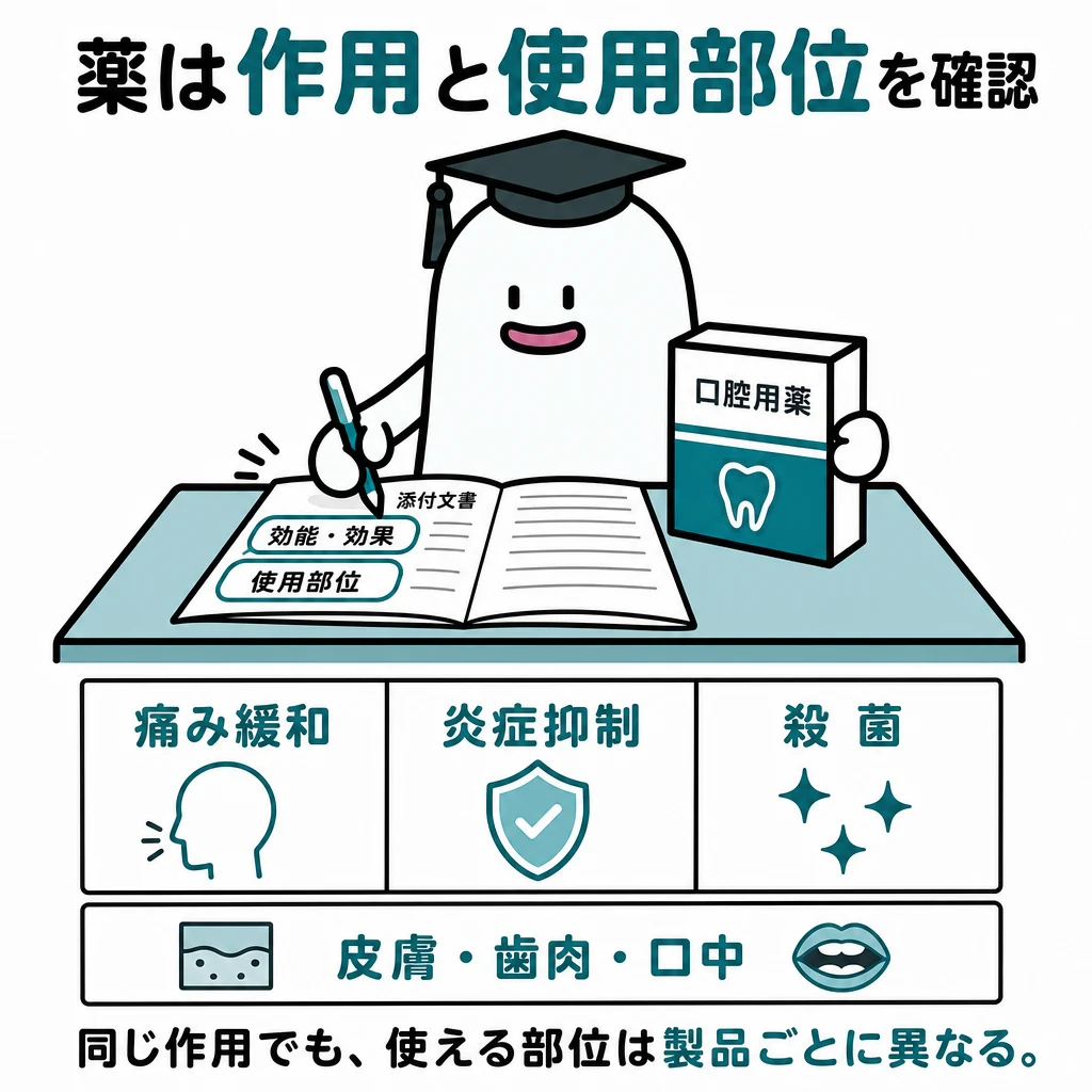 エルくんが添付文書の効能・効果と使用部位を丸で囲み、作用と使える部位を製品ごとに照合する図。
