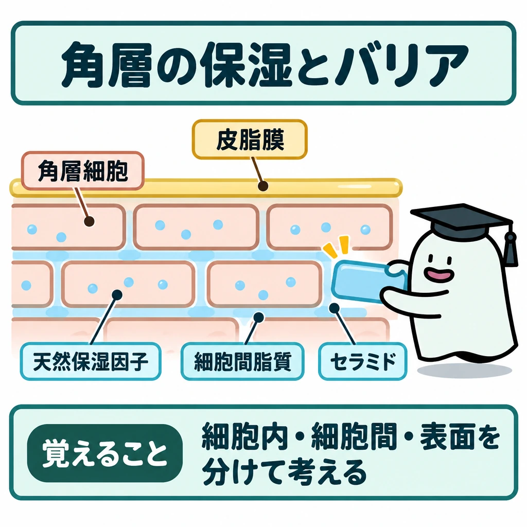 基本の仕組みの図解。上部に皮脂膜を薄い帯として描き、その下に角層細胞をレンガ状に並べる。細胞内の天然保湿因子と、細胞の隙間にあるセラミドを含む細胞間脂質を、境界線と引き出し線で区別する。