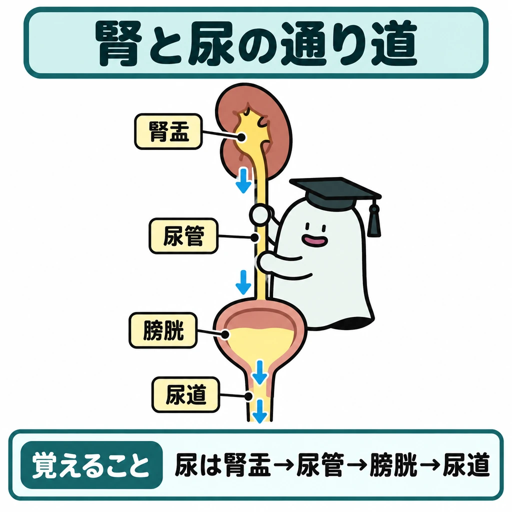 腎・眼・耳・皮膚・筋骨格の図解。上から腎盂、尿管、膀胱、尿道を一本の通路としてつなぎ、尿が下へ流れる向きを矢印で示す。エルくんは通路の横に1体だけ配置する。