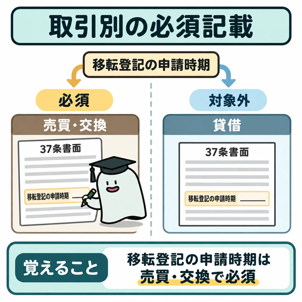 必須記載事項を取引別に判定の図解。中央の縦線で37条書面を左右に分け、左を「売買・交換」、右を「貸借」とする。上部の「移転登記の申請時期」から両側へ矢印を引き、左の到達点に「必須」、右に「対象外」と示す。