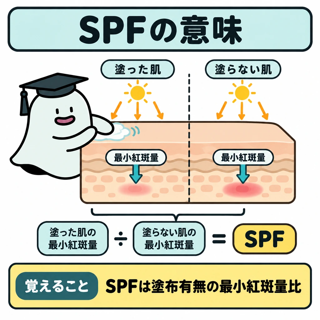 UV-B・UV-A・試験値の読み方の図解。中央の肌を縦線で左右に分け、左を塗った肌、右を塗らない肌とする。両側の赤みに至る最小紅斑量から下向きの矢印を伸ばし、「塗った肌÷塗らない肌」の比がSPFになるよう配置する。