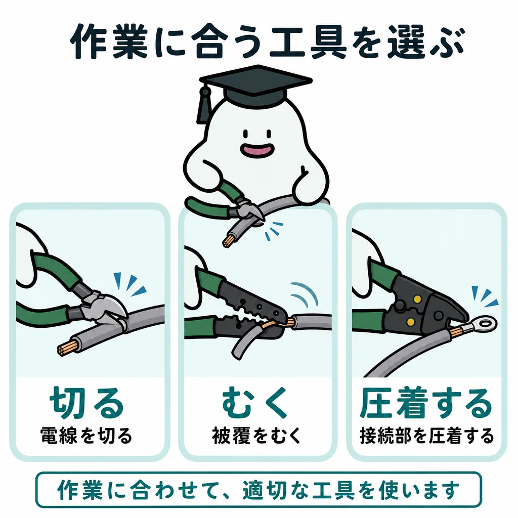 作業に合う工具を選ぶ。電線を切るニッパ、被覆をむくストリッパ、接続部を圧着する圧着工具の三つを大きく並べる。