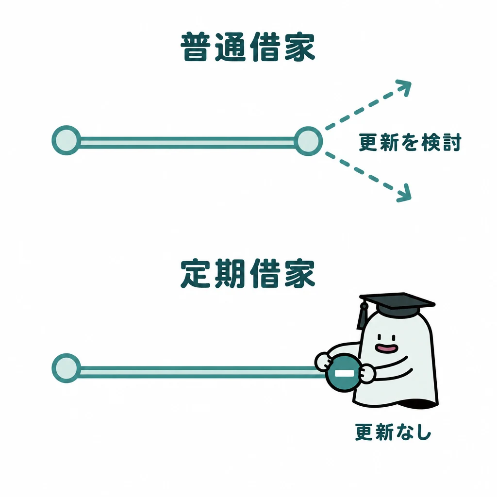 借家契約の期間終了時に更新を考える普通借家と、所定の手続で満了する定期借家を分ける図