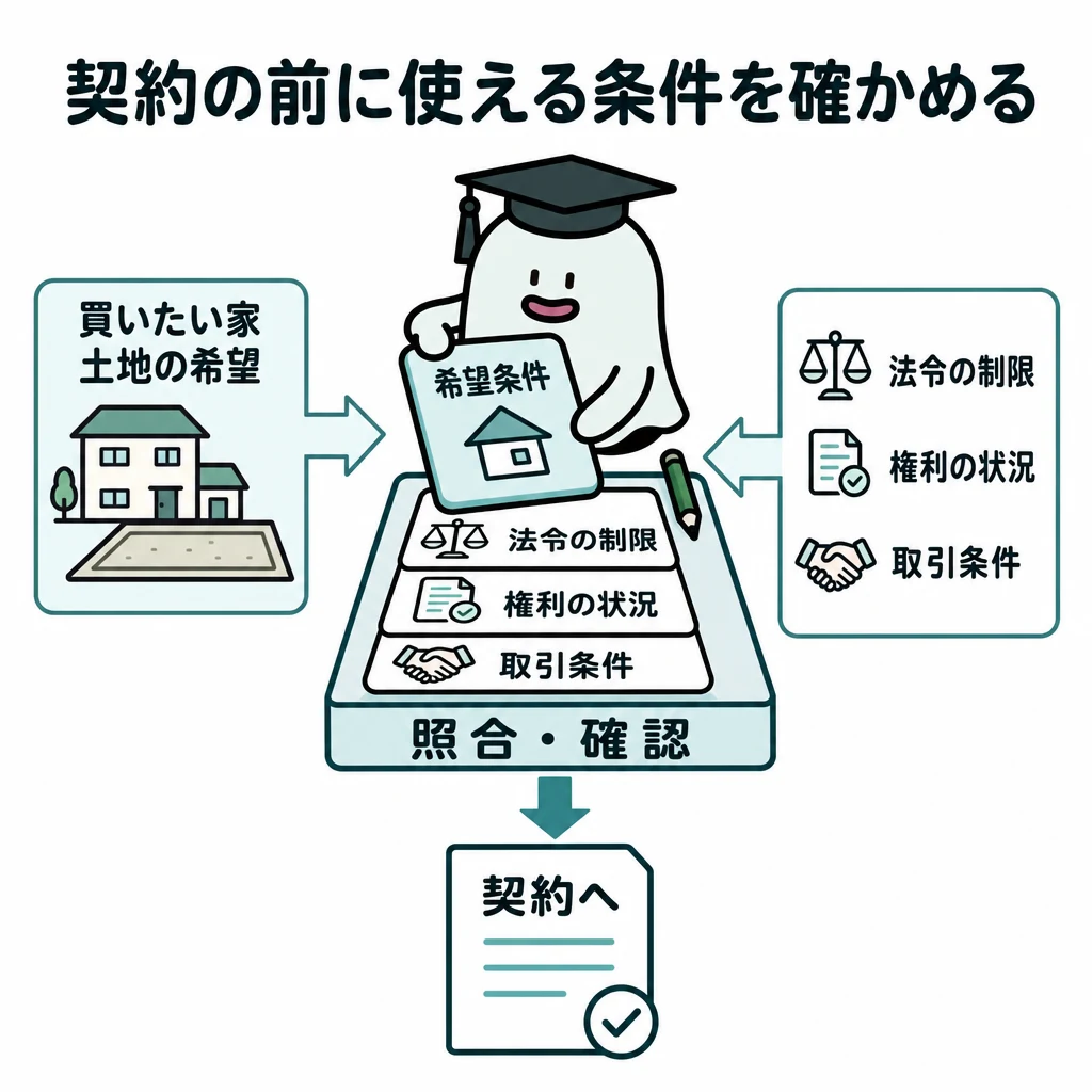買いたい家や土地の希望と法令・権利・取引条件を照合して契約へ進む図