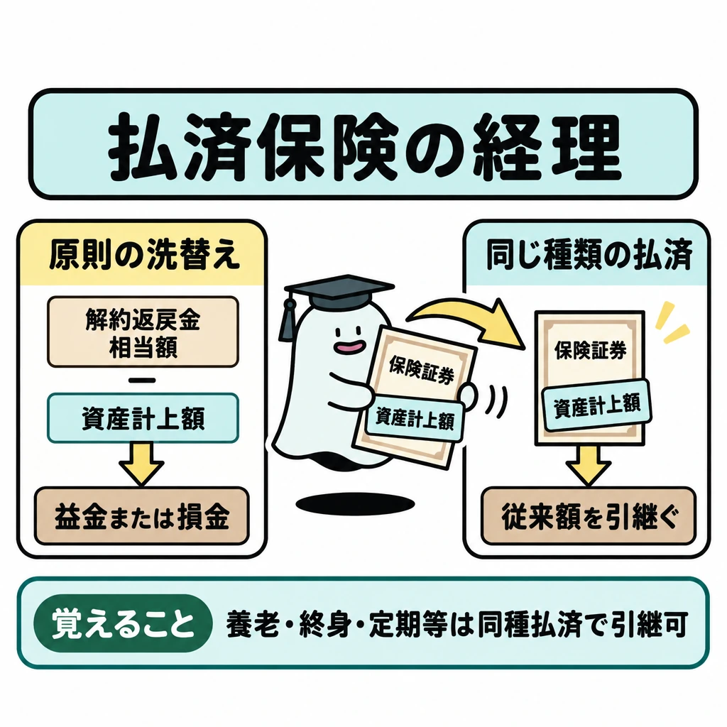 名義変更・払済保険・保険金受取の経理の図解。中央の保険証券から矢印を左右に分け、左に原則の洗替え、右に同じ種類の払済保険へ変更する場合の例外を配置する。左は解約返戻金相当額と資産計上額の差額を益金または損金へ、右は従来の資産計上額をそのまま先へ運ぶ流れにする。