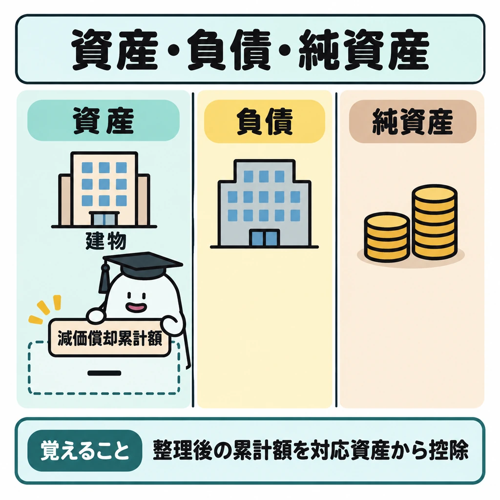 資産・負債・純資産を分類するの図解。画面を縦に3分割し、左から「資産」「負債」「純資産」と並べる。資産欄では「建物」の下に控除を示すマイナス枠を置き、エルくんが「減価償却累計額」をその枠にはめる。負債欄との間は仕切り、累計額を負債へ向ける矢印は描かない。