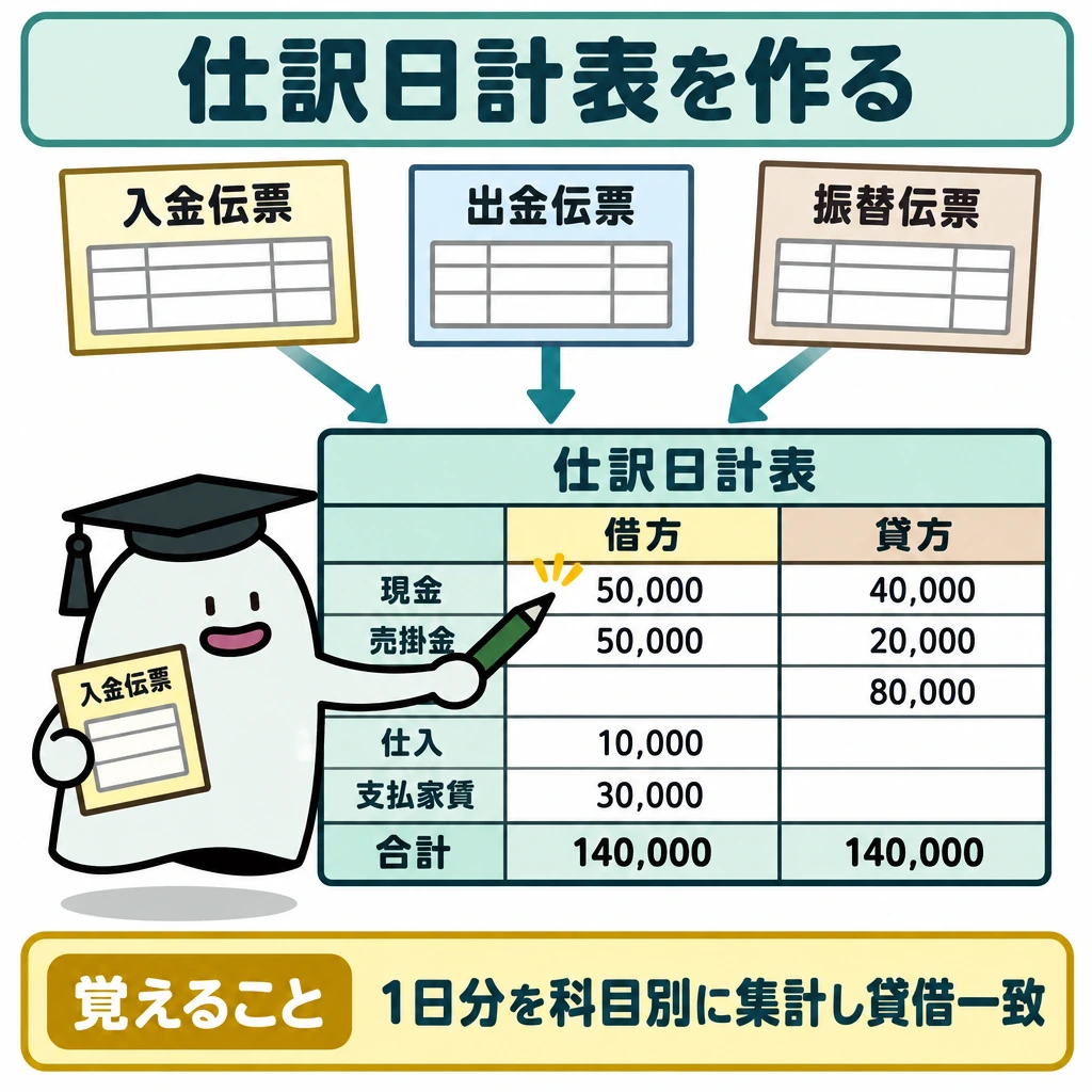 仕訳日計表の作成の図解。上段に1日分の入金・出金・振替伝票を並べ、下段の仕訳日計表へ矢印でつなぐ。表は借方・貸方を仕切って科目別に集計し、現金の行に借方50,000・貸方40,000、最下段に合計140,000・140,000を示す。