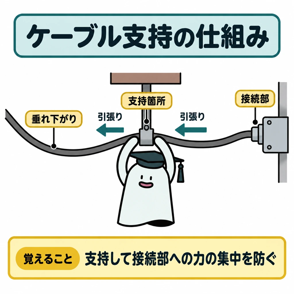 基本の仕組みの図解。左から垂れ下がるケーブル、中央の支持箇所、右の器具の接続部を一続きに描く。引張りの矢印は支持箇所で止め、接続部へ力を集中させない役割を示す。