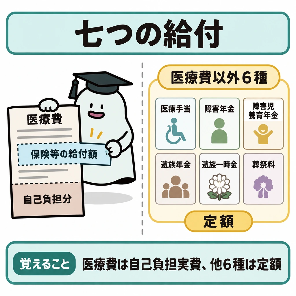 七つの給付の図解。画面中央を縦線で仕切り、左に医療費１種、右に医療費以外の６種を６枚のカードで示す。左は費用から保険等の給付額を差し引いて自己負担分が残る図、右は６枚のカードを「定額」の枠で囲む図にする。