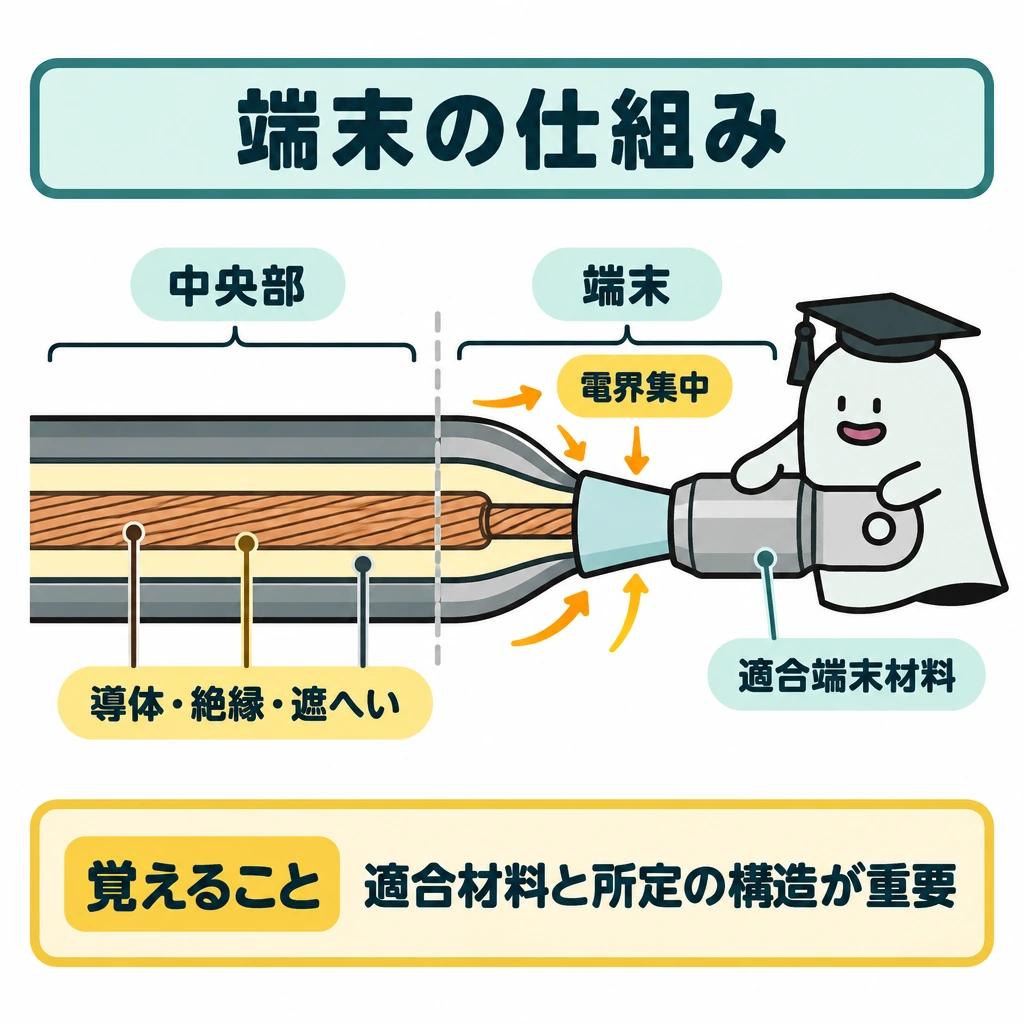 基本の仕組みの図解。中央にケーブル1本を横向きに置き、左の中央部では層が連続し、右の端末では導体・絶縁・遮へいの形が変わる様子を描く。境目に細い仕切り線を入れ、端末付近へ向かう矢印で電界の集中を示す。