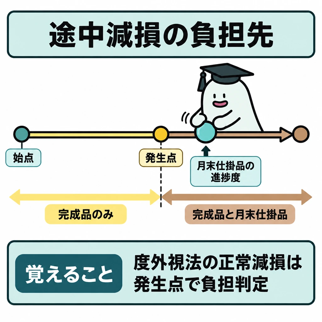 平均法・先入先出法・減損を選ぶの図解。横長の工程線を左の始点から右の終点へ引き、途中に正常減損の発生点を固定する。発生点の左側は「完成品のみ」、右側は「完成品と月末仕掛品」の負担領域として仕切り、月末仕掛品の進捗度が発生点を過ぎたかで判定する。