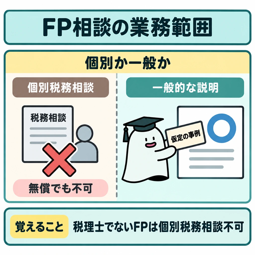 FP相談に伴う倫理と業務範囲の図解。中央を縦線で仕切り、税理士でないFPによる個別税務相談を左に×、仮定の事例を使った一般的な税法の説明を右に○で示す。上部に「個別か一般か」を置き、有償・無償ではなく行為の内容で分かれることを示す。