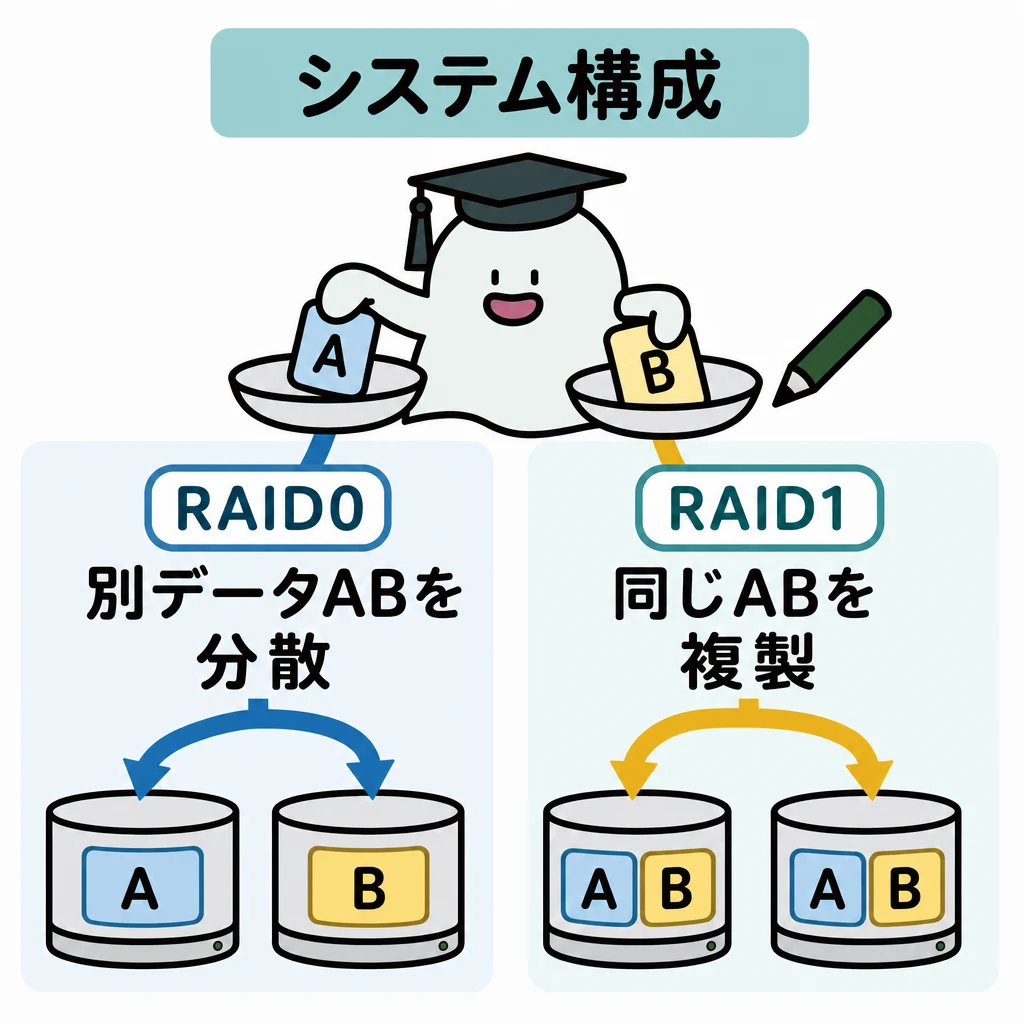 エルくんが説明する図解。RAID0は別データABを分散、RAID1は同じABを複製して対比。