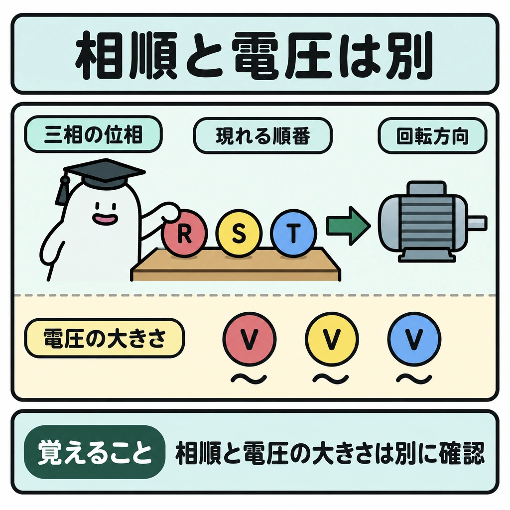 確認の図解。上段は左から三相の位相が現れる順番を並べ、矢印の先にモーターの回転方向を置く。下段は仕切り線で分けて電圧の大きさを配置し、相順の確認とは別の確認として示す。