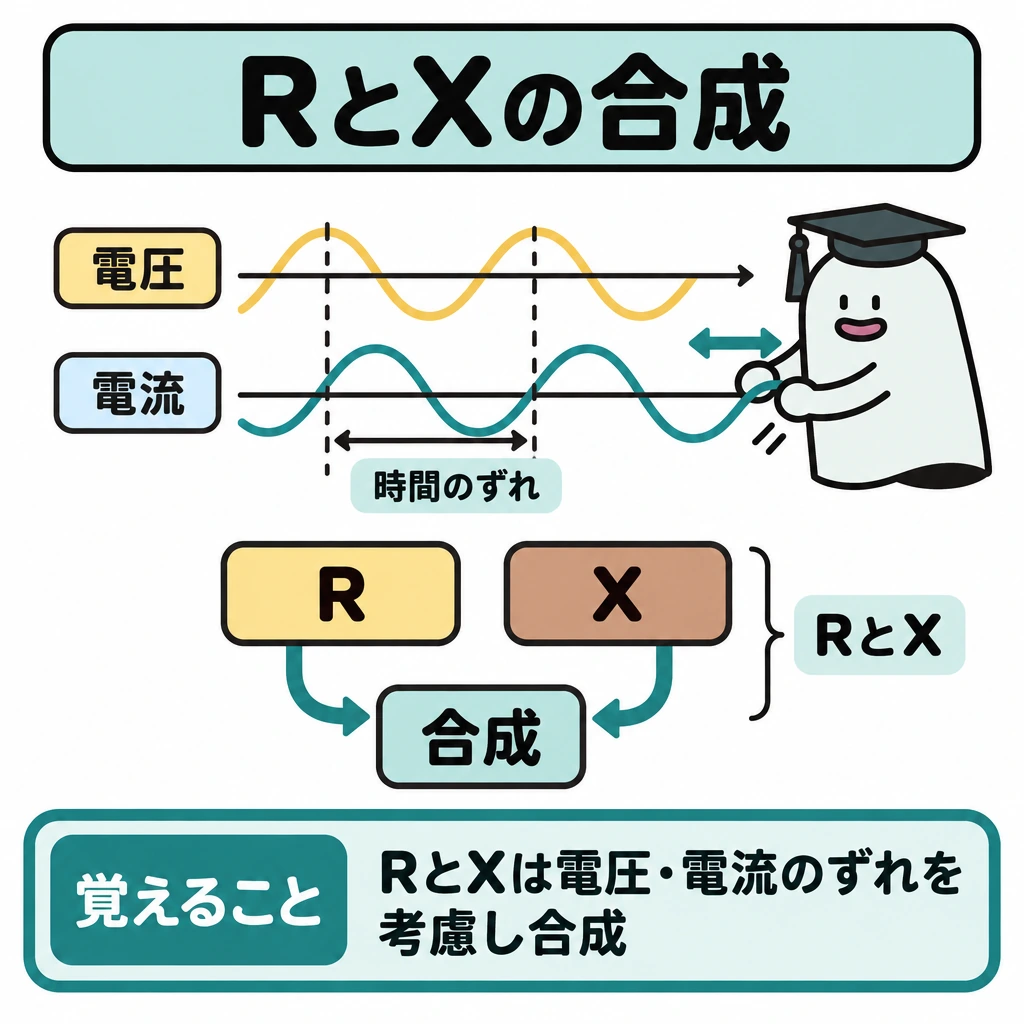確認の図解。上段に「電圧」「電流」の時間帯を上下に並べ、横方向の位置の違いで時間的なずれを示す。下段ではRとXからの矢印を「合成」に集め、間に足し算記号は置かない。