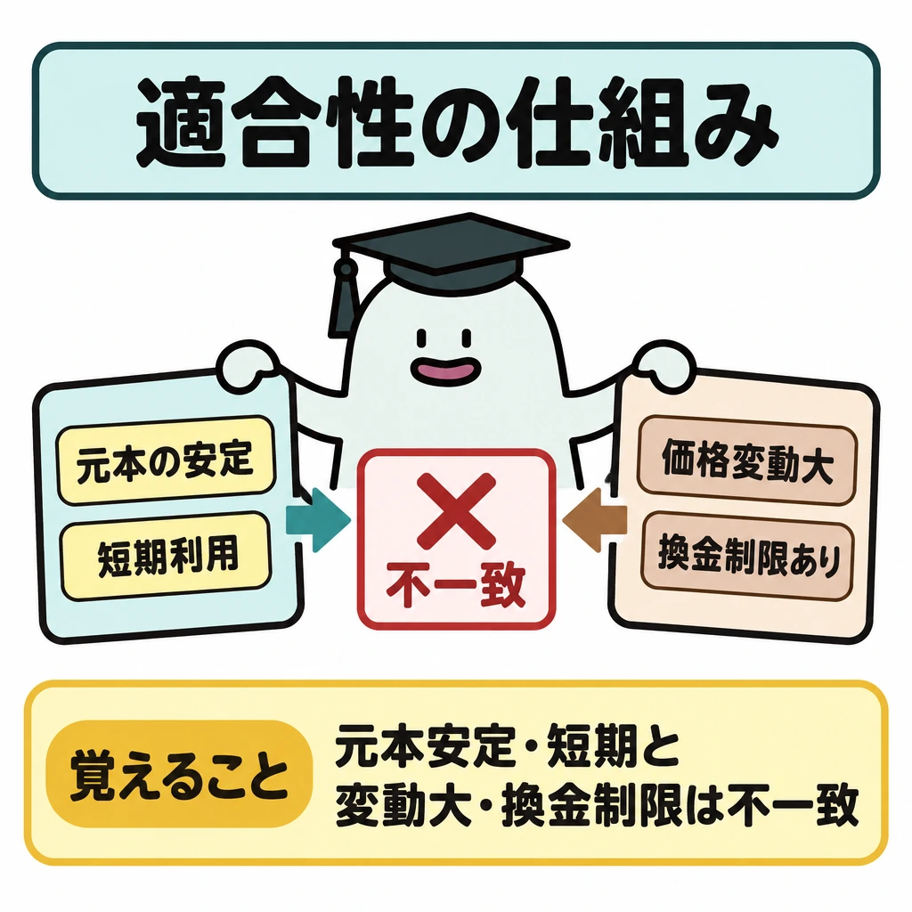基本の仕組みの図解。左に顧客の希望、右に勧める商品の特徴を置き、中央の照合枠へ両側から矢印を向ける。枠内に「不一致」を示し、希望と商品の特徴が合わないことを一目で分かるようにする。
