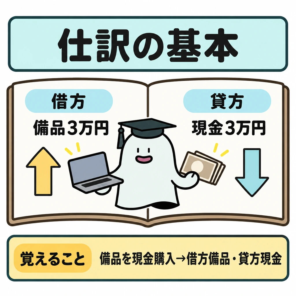 基本の仕組みの図解。1冊の仕訳帳を縦線で左右に分け、左の借方に「備品3万円」と増加を示す上向き矢印、右の貸方に「現金3万円」と減少を示す下向き矢印を置く。中央のエルくんの動作を、この現金購入の仕訳につなげる。