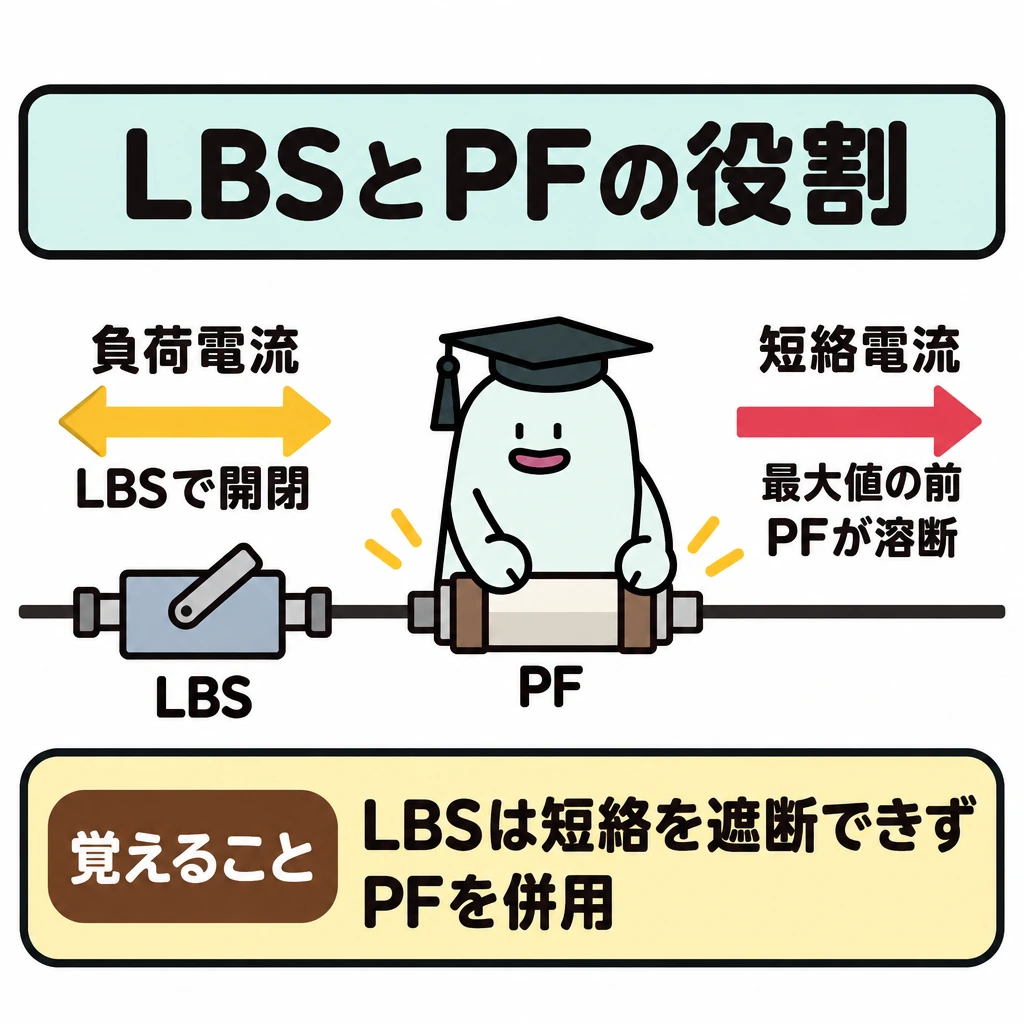 LBS・PAS・UGS・PFの図解。中央の一本の線上にLBSとPFを直列に置く。LBS側には負荷電流を開閉する矢印、PF側には短絡電流が最大値に達する前に溶断する矢印を、それぞれ分けて描く。