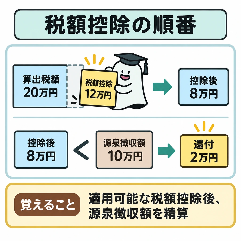 基本の仕組みの図解。正方形の上段に「算出税額20万円 − 税額控除12万円 → 控除後8万円」を左から右へ配置する。横線で区切った下段では、控除後8万円と源泉徴収額10万円を比べ、「還付2万円」へ矢印をつなぐ。