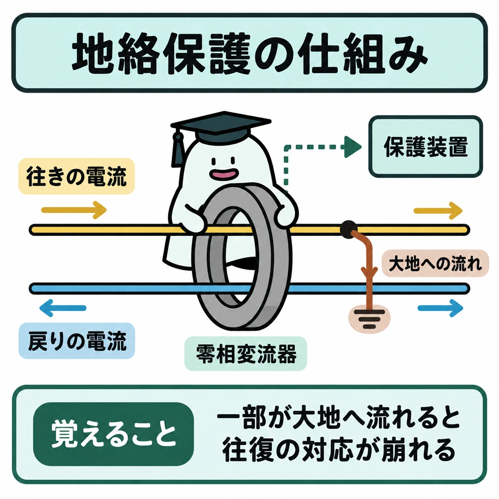 基本の仕組みの図解。中央の零相変流器の輪に、上段の往き線と下段の戻り線を通す。輪の右側で往き線から大地へ流れる枝を描き、往きと戻りの対応が崩れる様子を示す。零相変流器から保護装置へは情報を伝える矢印を引く。