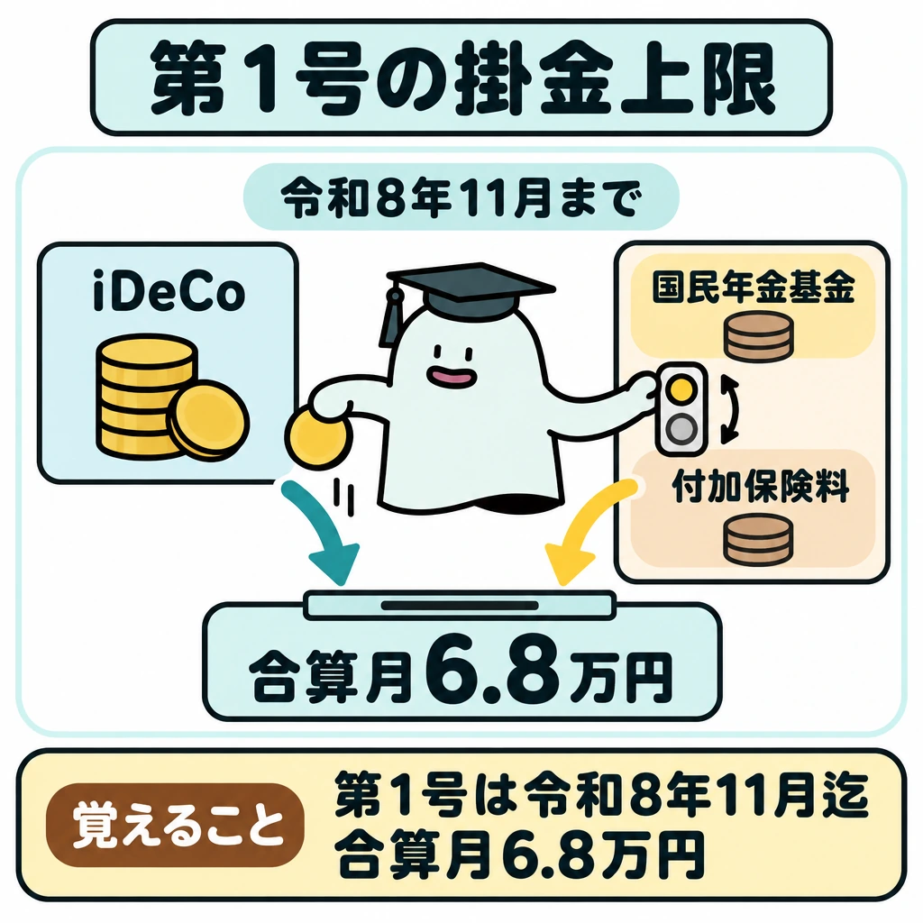 iDeCoと自営業者・中小企業の制度の図解。上部に期限、中央左にiDeCo、中央右に「国民年金基金」と「付加保険料」の二者択一の切替えを置く。選ばれた掛金とiDeCoの矢印だけを下の合算枠へ集め、月6.8万円の上限を示す。