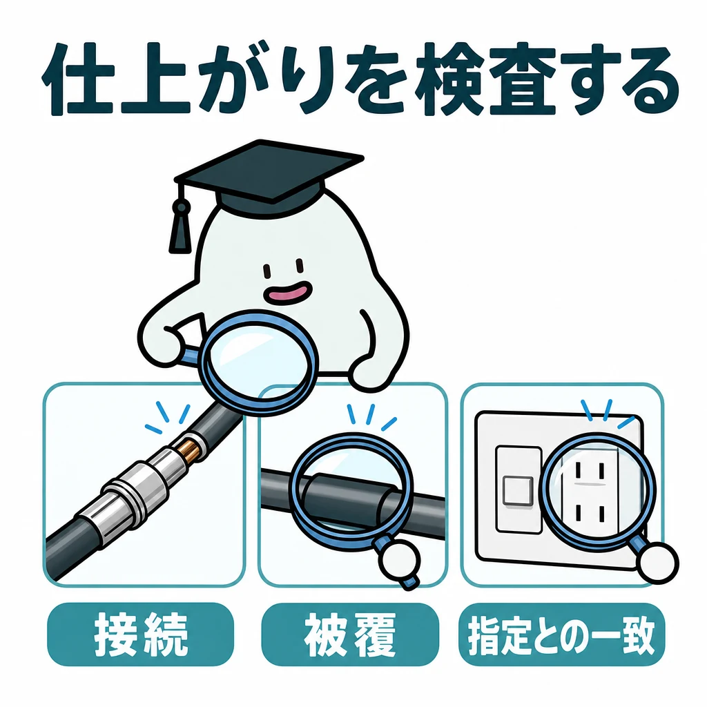 仕上がりを検査する。接続部の拡大、被覆の状態、完成した器具配置の三つの大きい枠。