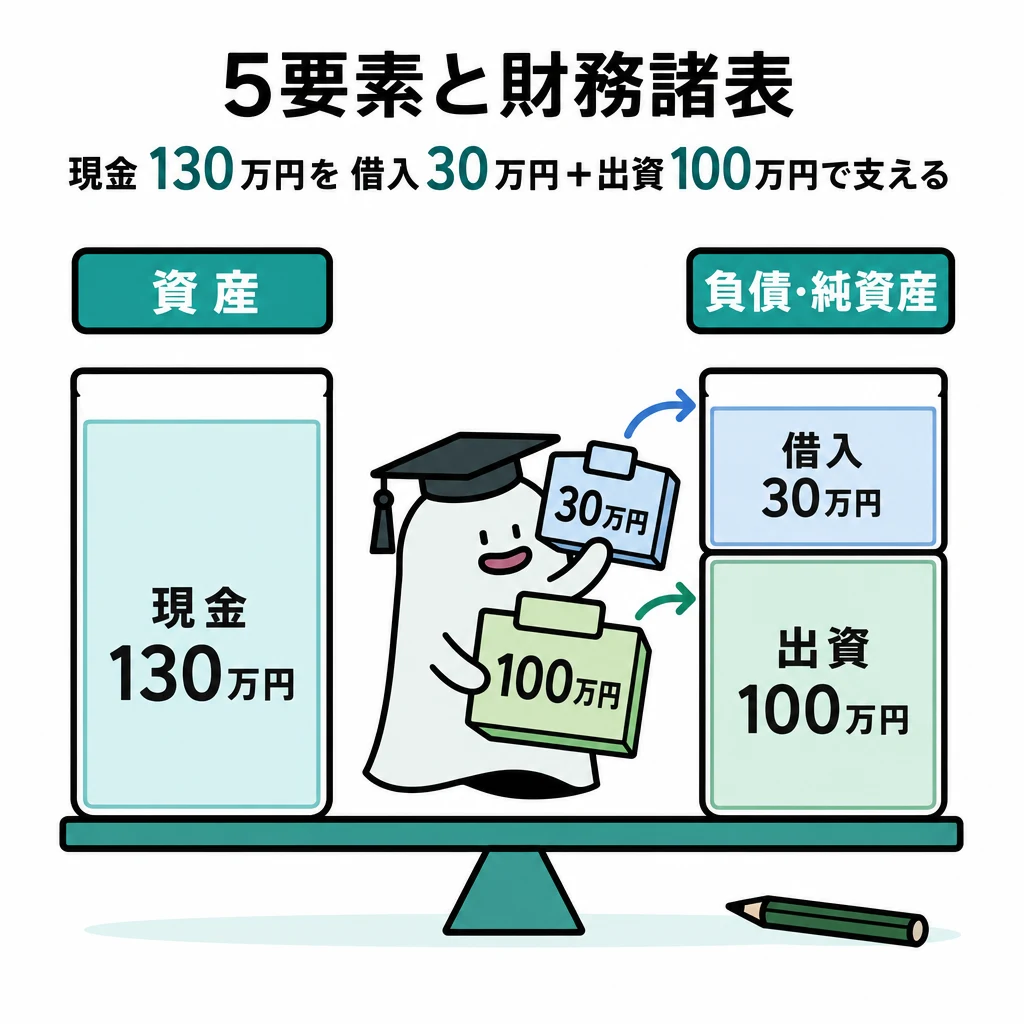 エルくんが説明する図解。現金130万円を借入30万円+出資100万円で支える貸借対照表。